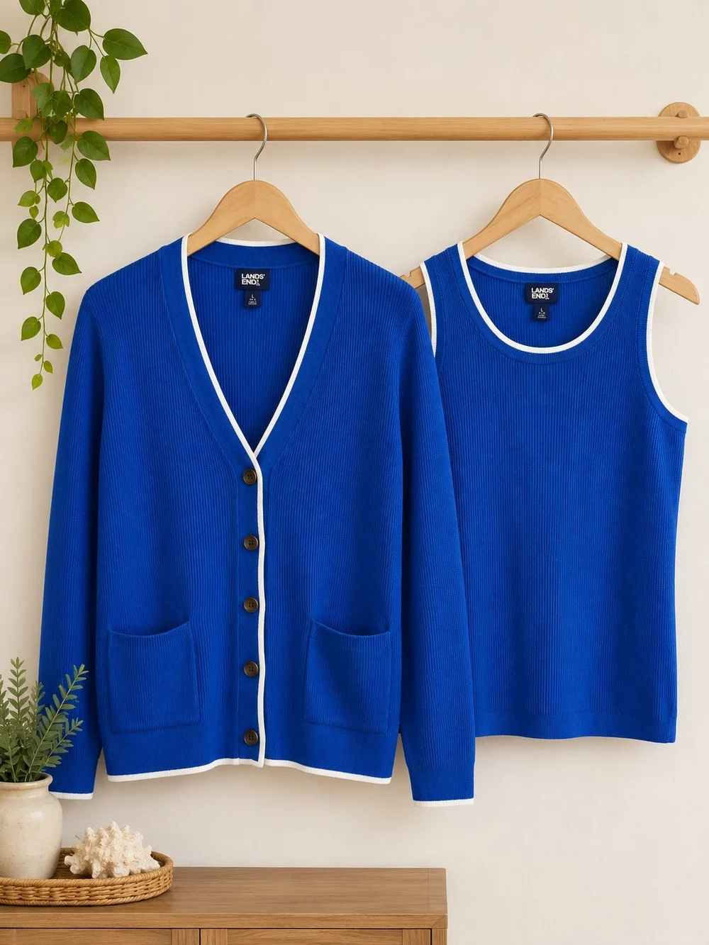 Lands' End Blue Cotton Twin Set Cardigan & Shell | Preppy Coastal Cottagecore L